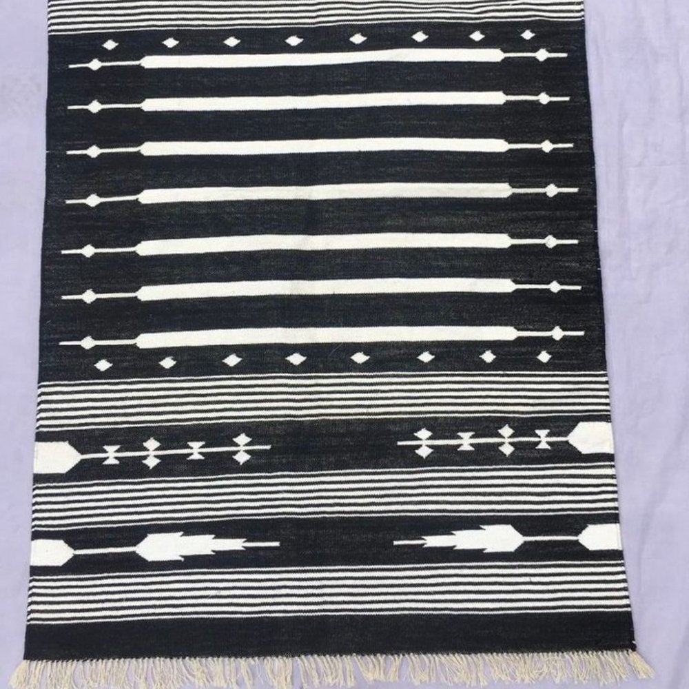Black and White Pattern Cotton Woven Loom Rug Stripes Fringe Edge 3x5ft